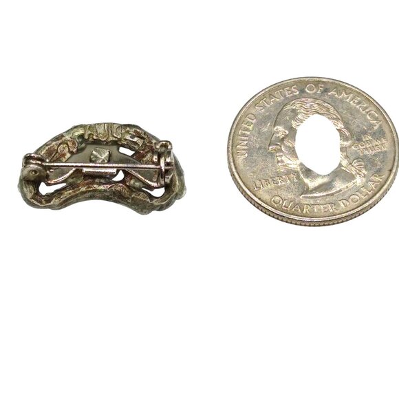 Antique Pot Metal Small Brooch with AB Crystals, Marked AJC, Crescent Moon Shape - Picture 3 of 3